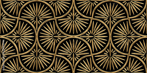 Seamless golden Art Deco palm fan or shell line pattern. Vintage 1920 abstract geometric gold plated relief sculpture on dark black background. Modern elegant metallic luxury backdrop. 3D rendering.