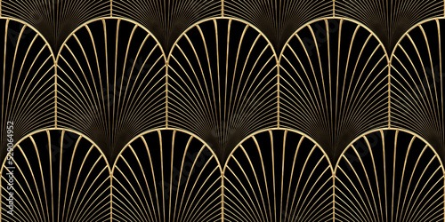 Fotografia Seamless golden Art Deco scallop palm fan line pattern