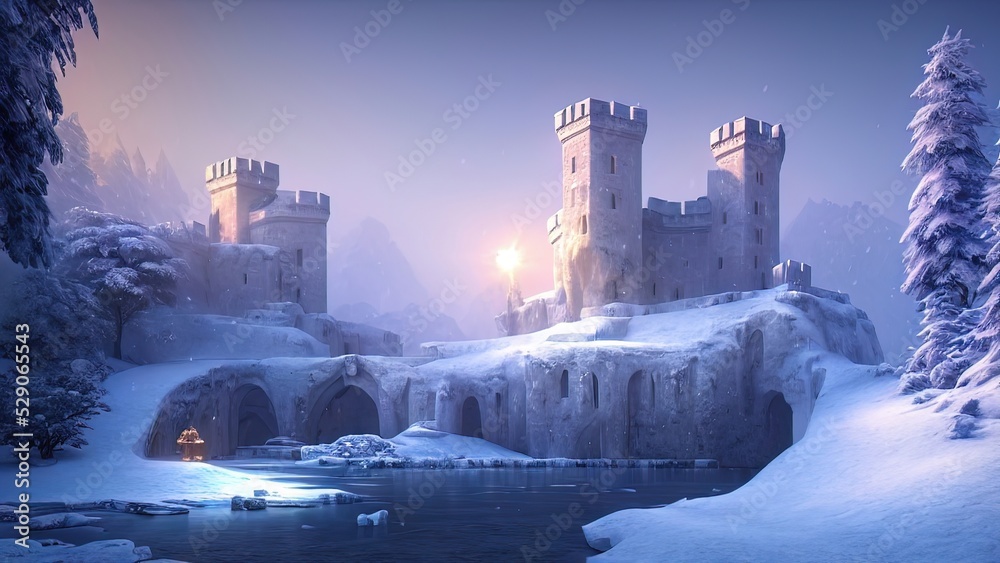 Ancient stone winter castle. Fantasy snowy landscape with a castle. Magical luminous passage, crystal portal. Winter castle on the mountain, winter forest. 3D illustration - obrazy, fototapety, plakaty 
