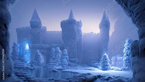 Ancient stone winter castle. Fantasy snowy landscape with a castle. Magical luminous passage  crystal portal. Winter castle on the mountain  winter forest. 3D illustration