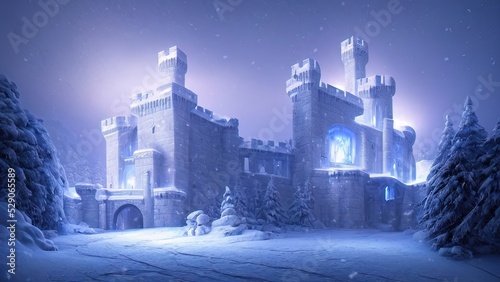 Ancient stone winter castle. Fantasy snowy landscape with a castle. Magical luminous passage, crystal portal. Winter castle on the mountain, winter forest. 3D illustration