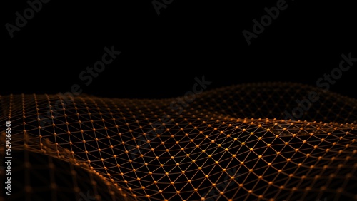 Yellow atom structure on black-white background under spot light environment. Concept 3D CG of biological science, network technology and human strategy. © DRN Studio