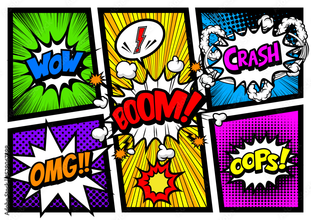 Fototapeta premium アメコミ風コマ割り素材 pop art comics book magazine, speech bubble, balloon, box message