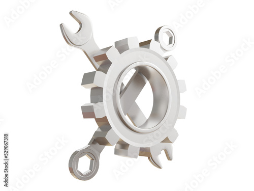 metal gear symbol and tools Isolated on white background. 3D render illustration. Repair sign.
