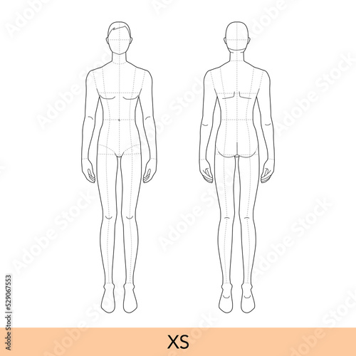 XS size Men Fashion template 9 head extra small size Croquis with main lines Gentlemen model skinny body figure front, back view. Vector isolated outline boy for Fashion Design, technical drawing