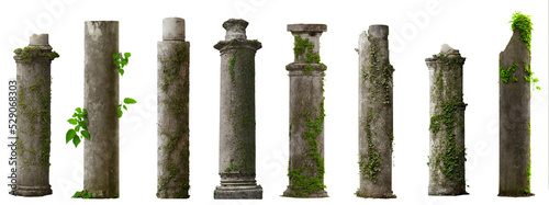 Fotografia set of antique columns, collection of overgrown pillars isolated on white backgr
