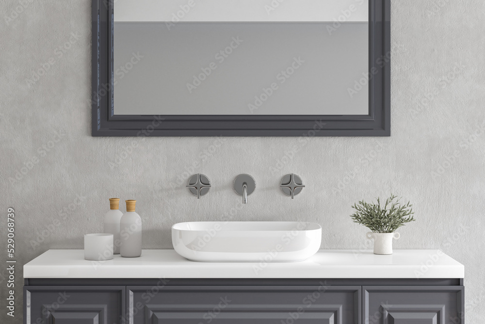 Close up of sink on white countertop with square mirror standing in on white wall, classic cabinet with chrome faucet in minimalist bathroom. front view. 3d rendering