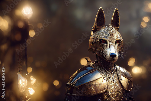 Anthropomorphic majestic fox knight, portrait, finely detailed armor, cinematic lighting, intricate filigree metal design