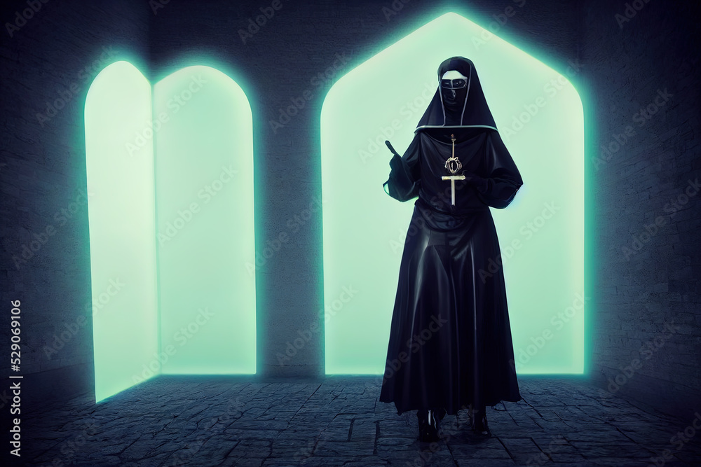 Naklejka premium Gothic Nun with leather pants. High quality illustration