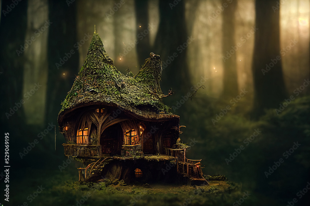 elf house in the forest. High quality illustration - obrazy, fototapety, plakaty 
