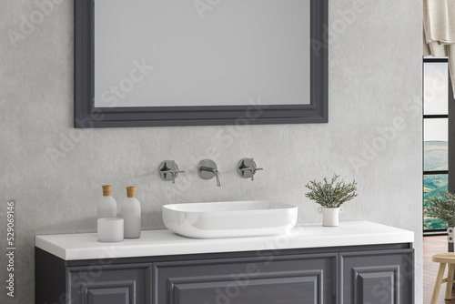 Close up of sink on white countertop with square mirror standing in on white wall  classic cabinet with chrome faucet in minimalist bathroom. front view. 3d rendering