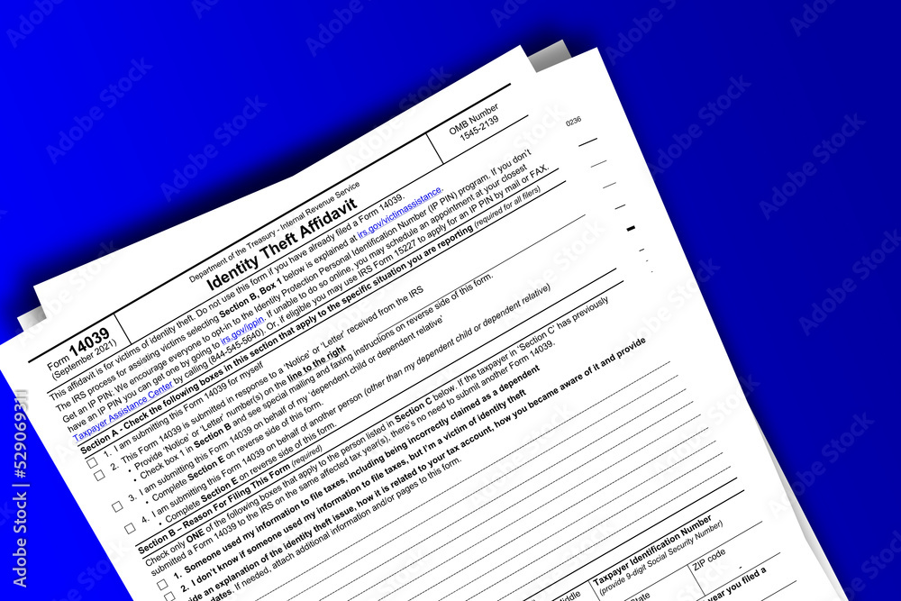Fototapeta premium Form 14039 documentation published IRS USA 44205. American tax document on colored