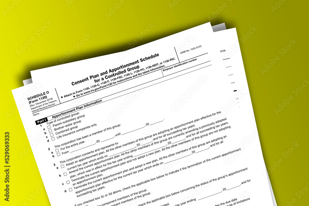 Form 1120 (Schedule O) documentation published IRS USA 43385. American tax document on colored Form 1120 (Schedule O) documentation published IRS USA 43385. American tax document on colored