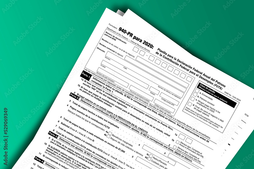 Form 940 (PR) documentation published IRS USA 43902. American tax document on colored Form 940 (PR) documentation published IRS USA 43902. American tax document on colored