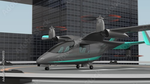 Electric VTOL passenger aircraft taking off from helipad. Urban Passenger Mobility concept. 3D rendering animation.