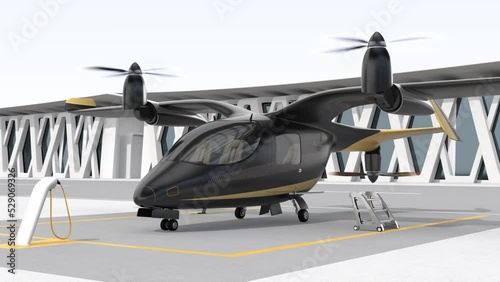 Electric VTOL passenger aircrafts taking off in airport. Urban Passenger Mobility concept. 3D rendering animation.
