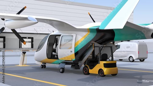 After forklift loaded goods and left, Electric VTOL cargo delivery aircraft prepare for take off.  Smart logistics concept. 3D rendering animation.
