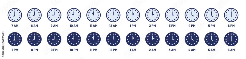 Set of classic wall clock with hours of the day icon set. Time symbol vector illustration. Set of classic wall clock with hours of the day icon set. Time symbol vector illustration.