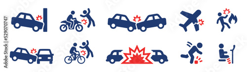 Accident icon set. Containing car collision with bike, motorbike, pedestrian, car and the wall, injury, fire and plane crash icons. Vector illustration.