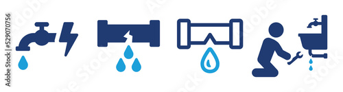 Leakage water pipe icon set. Technician plumber repair broken sink vector symbol illustration.