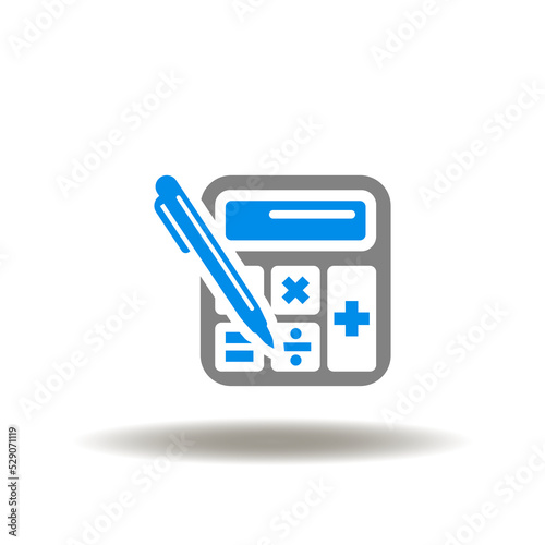 Vector illustration of calculator with pencil. Icon of accounting calculation work. Symbol of financial calculations and reports.