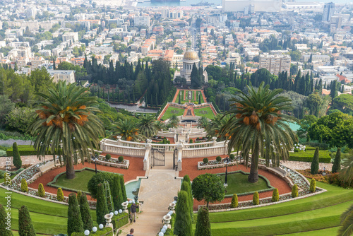 Haifa, Israel, June 26, 2022 : view from Louis Promenade on Mount Carmel to the Bahai Temple, the downtown and port of Haifa city in Israel