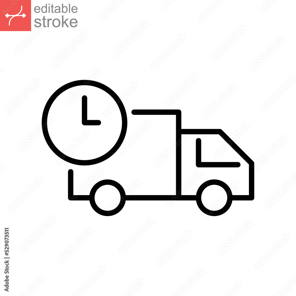 Fast delivery line icon. Fast shipping delivery truck, 24 hour fast speed Courier van distribution business logistics for web app. Vector illustration editable stroke design on white background EPS 10 Fast delivery line icon. Fast shipping delivery truck, 24 hour fast speed Courier van distribution business logistics for web app. Vector illustration editable stroke design on white background EPS 10