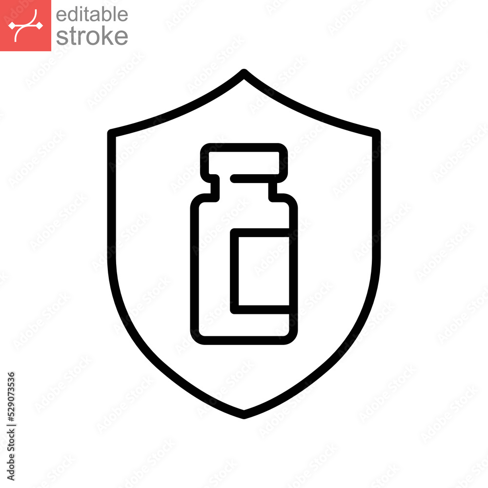 Vaccine protection, save shield, bottle line icon. Vaccination program, immunization medical health. bottle of vaccine on shield. Editable stroke vector illustration design on white background EPS 10 Vaccine protection, save shield, bottle line icon. Vaccination program, immunization medical health. bottle of vaccine on shield. Editable stroke vector illustration design on white background EPS 10