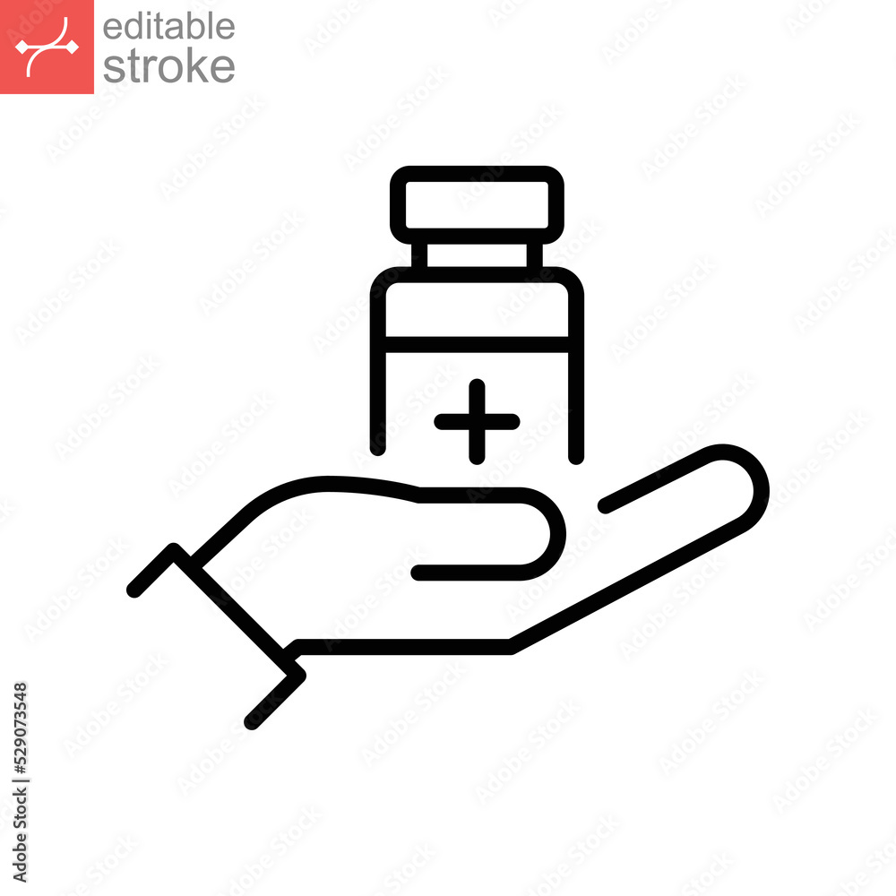 Get vaccine, bottle, hand line icon. health Medical vitamin bottle or immunization and vaccination. Medicine. Vaccine protection Editable stroke vector illustration design on white background EPS 10 Get vaccine, bottle, hand line icon. health Medical vitamin bottle or immunization and vaccination. Medicine. Vaccine protection Editable stroke vector illustration design on white background EPS 10