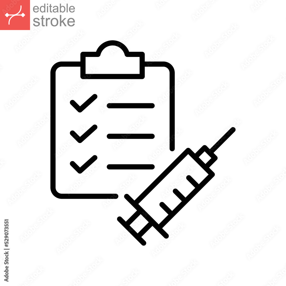 Prevent disease schedule vaccination clipboard checklist line icon. vaccine Medical syringe Vaccination against covid-19check mark Editable stroke vector illustration design on white background EPS 10 Prevent disease schedule vaccination clipboard checklist line icon. vaccine Medical syringe Vaccination against covid-19check mark Editable stroke vector illustration design on white background EPS 10