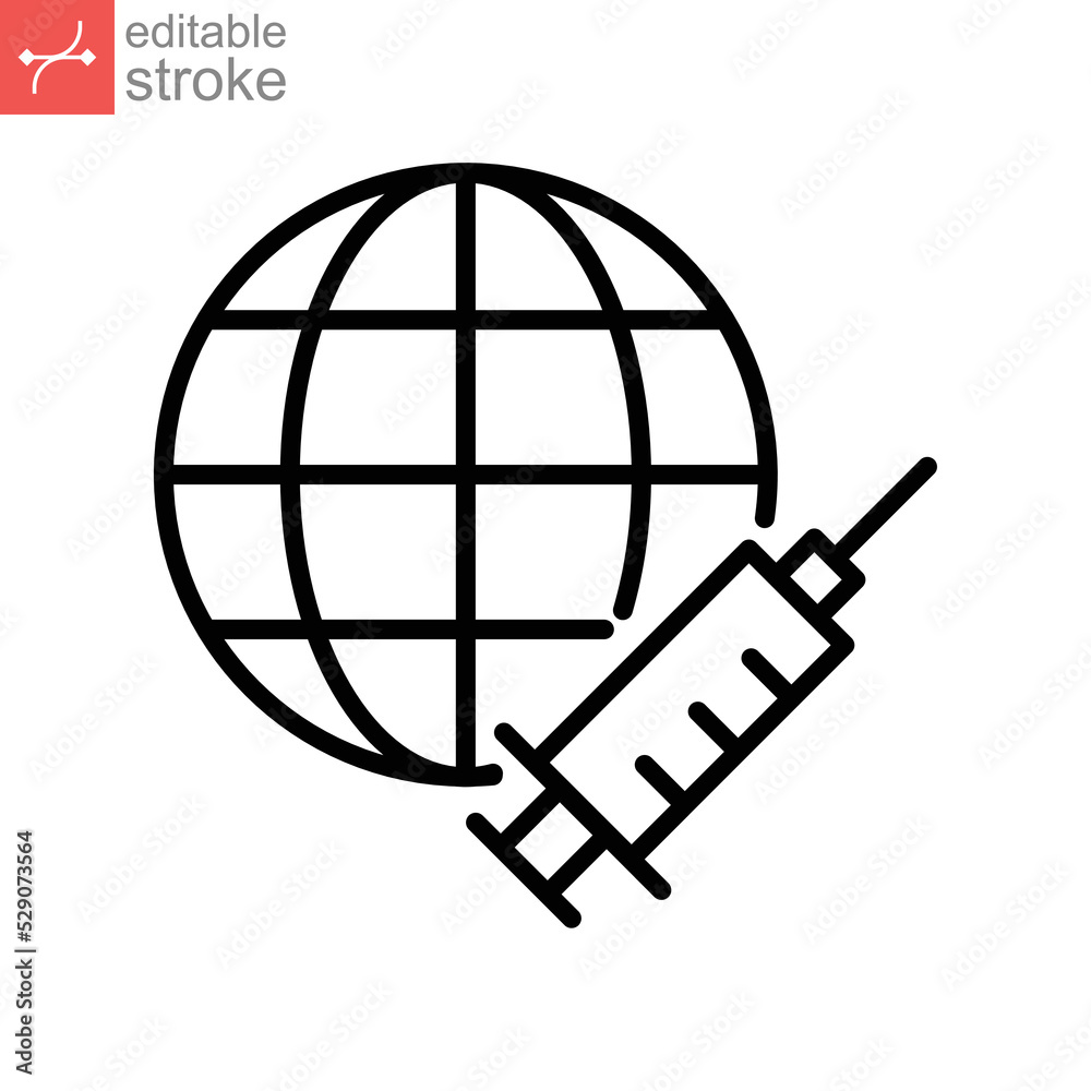 Vaccine protection save World vaccination line icon. Syringe, healing earth and removing Coronavirus, Covid-19, earth Pandemic. Editable stroke vector illustration design on white background EPS 10 Vaccine protection save World vaccination line icon. Syringe, healing earth and removing Coronavirus, Covid-19, earth Pandemic. Editable stroke vector illustration design on white background EPS 10