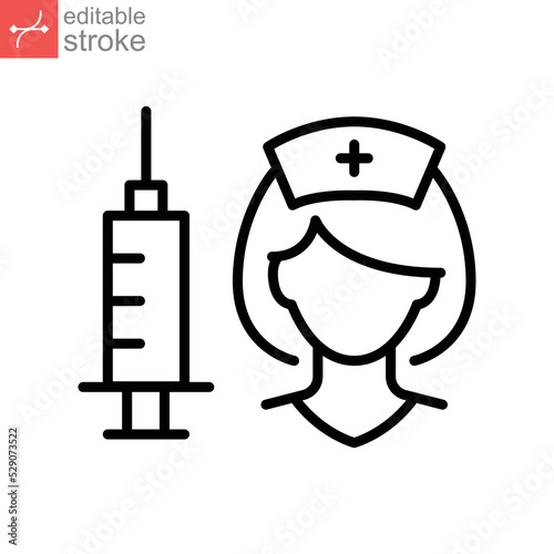 Vaccine and Vaccination Nurse, vaccine line icon for coronavirus, influenza, measles, diphtheria, rabies. injection, shot, medical  Editable stroke vector illustration design on white background EPS10