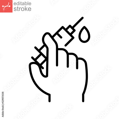 Vaccine, hand, syringe, droplet line icon. Insulin injection, Medical Syringe, Needle and Vial. protection against coronavirus. Editable stroke. vector illustration design on white background. EPS 10
