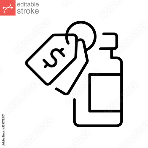 Vaccine cost, dollar, tag, bottle line icon. Price ,Vaccination program, immunization medical health.  Vaccine bottle dollar sign Editable stroke vector illustration design on white background EPS 10