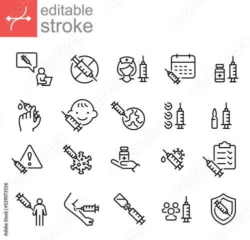 Vaccine Icon Set, No vaccination, Nurse, pandemic world, Vaccine Against Virus schedule time, medical syringe child immunization. Editable stroke vector illustration design on white background. EPS 10