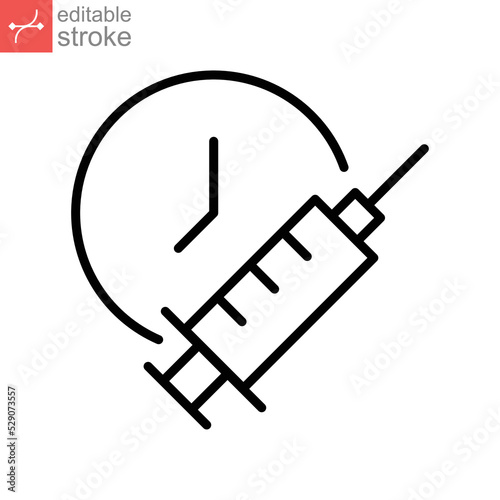Vaccine time schedule, clock line icon. Vaccination Medical Syringe calendar symbol. Medication injection Covid-19, coronavirus pandemic, immunization Editable stroke vector illustration design EPS 10