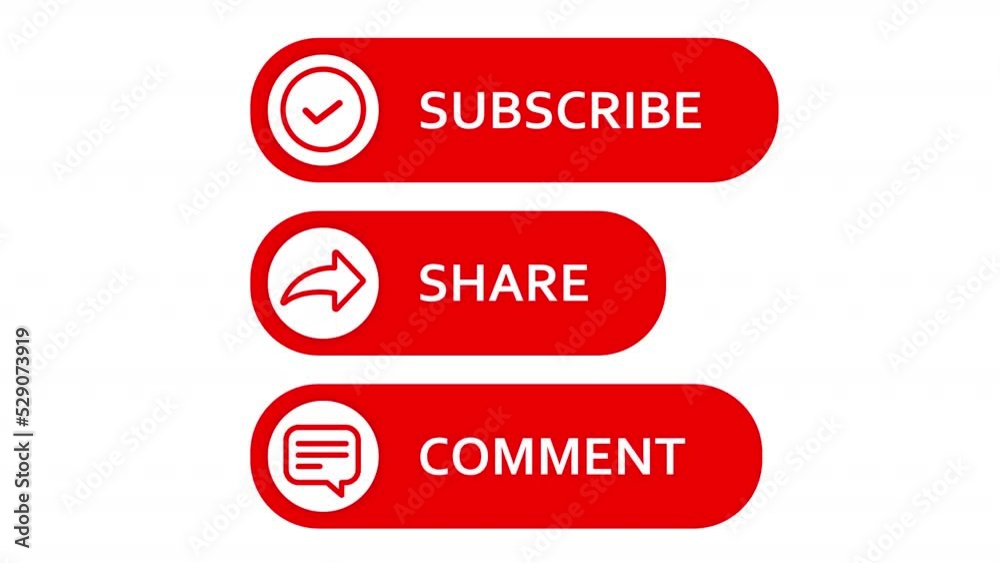 Subscribe, share and comment button animation with a luma matte for a video channel. White background.
Subscribe, share and comment button animation with a luma matte for a video channel. White background.