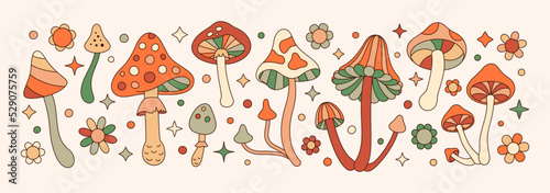 Groovy Mushrooms Set in Retro Hippie Style . Psychedelic Abstract Vector Illustration in 1970s