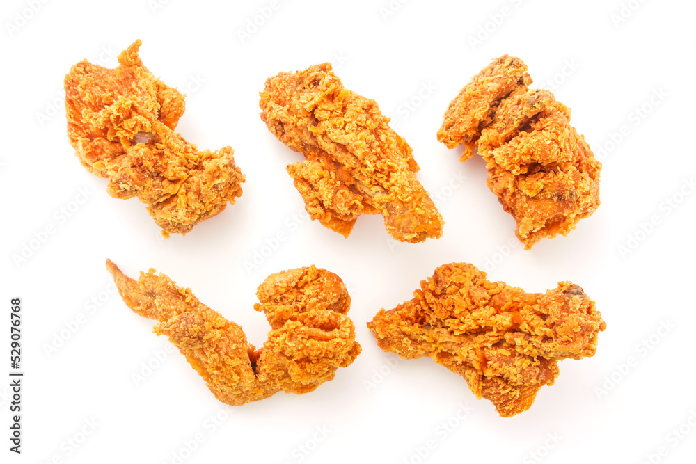 Fried chicken pattern isolated on white background , top view , flat lay. Fried chicken pattern isolated on white background , top view , flat lay.