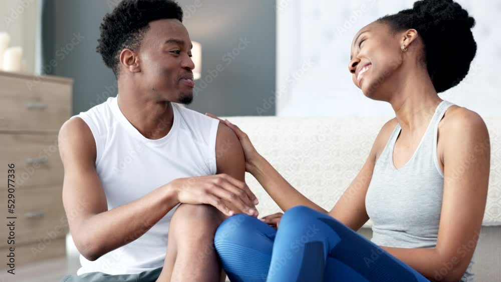Couple kiss after fitness workout in house, reading time on smartwatch after exercise and happy with workout goal in home. Health, happy and smile African man and woman kissing after training Couple kiss after fitness workout in house, reading time on smartwatch after exercise and happy with workout goal in home. Health, happy and smile African man and woman kissing after training