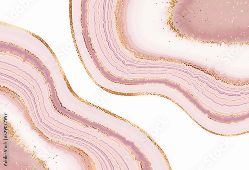 Agate slice wallpaper print with geode mineral texture and rose gold veins. photo