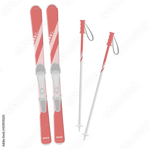Vector illustration of red skis and poles isolated on background.