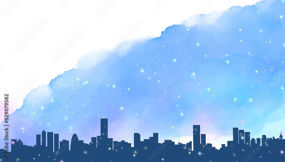 Naklejka premium 水彩風の夜空をバックにした都会の夜景。