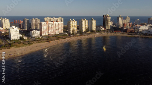 Punta del Este beach with waterfront buildings at sunrise  Uruguay. Aerial