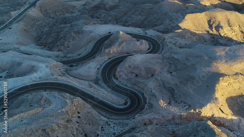 Aerial view of a twisty road in Jebel Hafeet, Abu Dhabi, United Arab Emirates. photo