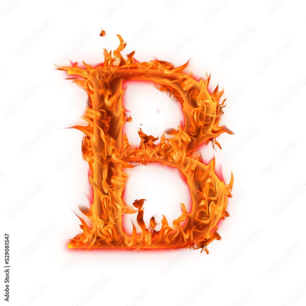 Alphabet Letter B. Fire flames on transparent background, realistic