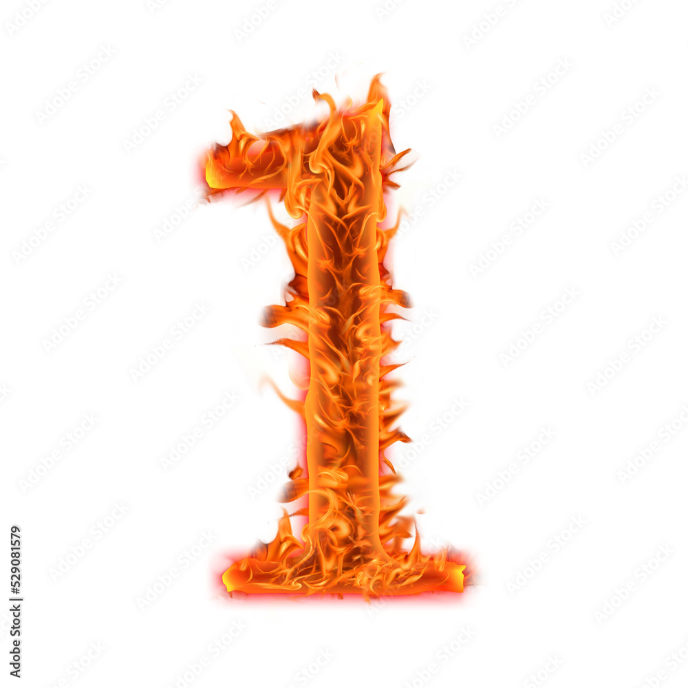 1, Number One. Fire flames transparent background, realistic fire