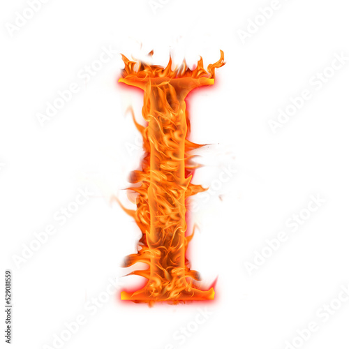 Alphabet Letter I. Fire flames on transparent background, realistic fire effect with sparks. 