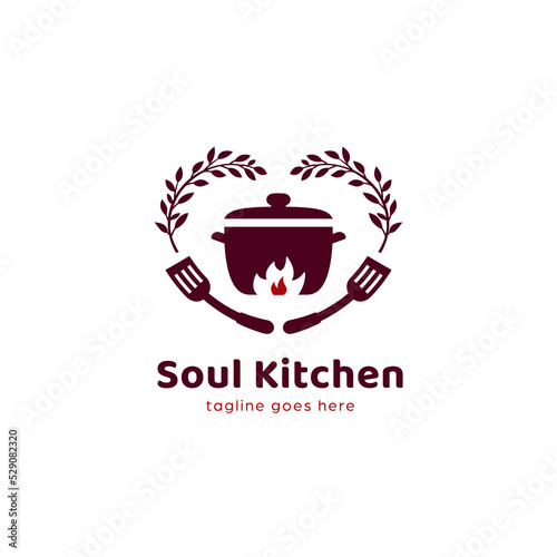 hot pot soul food soul kitchen logo with love frame. Lovely home made food kitchen restaurant logo icon template
