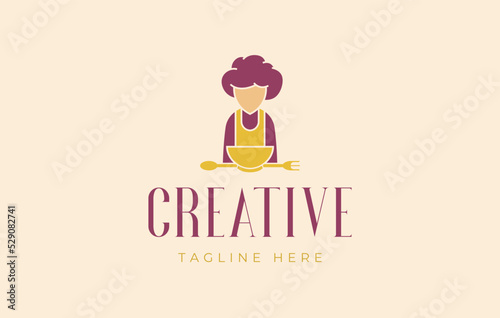 Mom's cooking logo. illustration of mother with a fork and spoon. vector line icon template